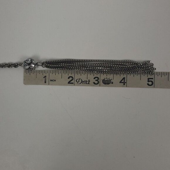 Vintage Silver Tone Rope Chain Box Tassel Round Clear Ball Lariat Opera Necklace - Picture 8 of 11